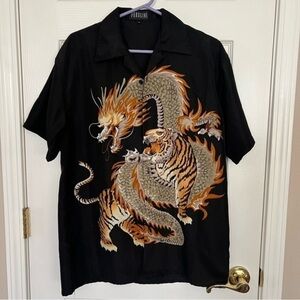 FERUGINI Men’s DragonTiger Graphic Print Shirt Streetwear Y2K Black Gothic Small